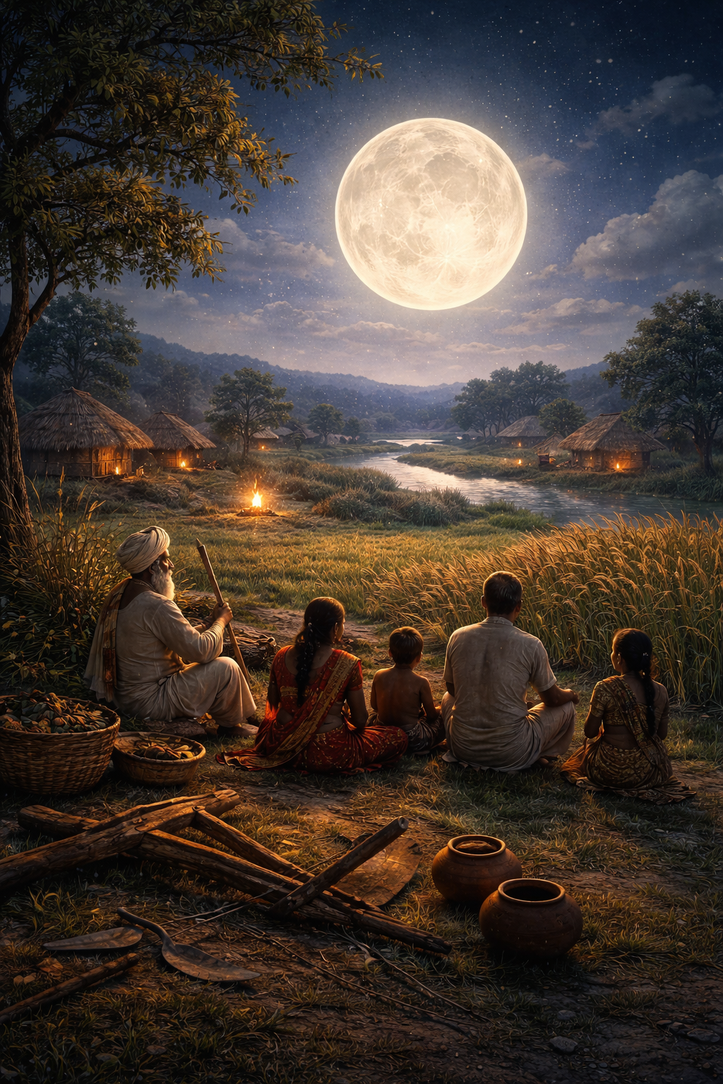 Ancient People Watching Moon (Culture Section)

Type: Illustration / historical concept
Idea:
Villagers watching full moon, farming tools nearby