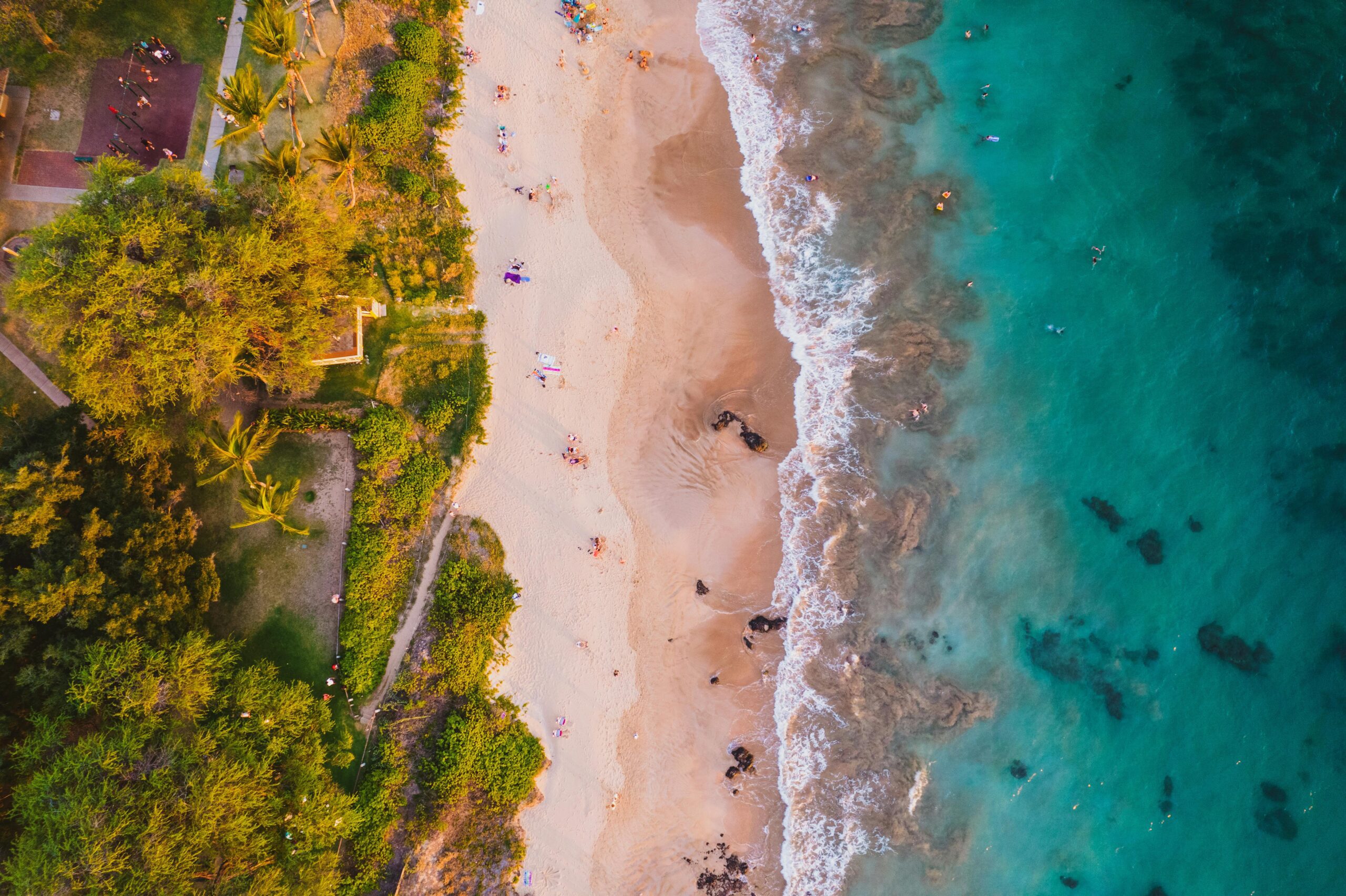 Stunning aerial view of a tropical beach with turquoise waters and golden sand in Maui, Hawaii.